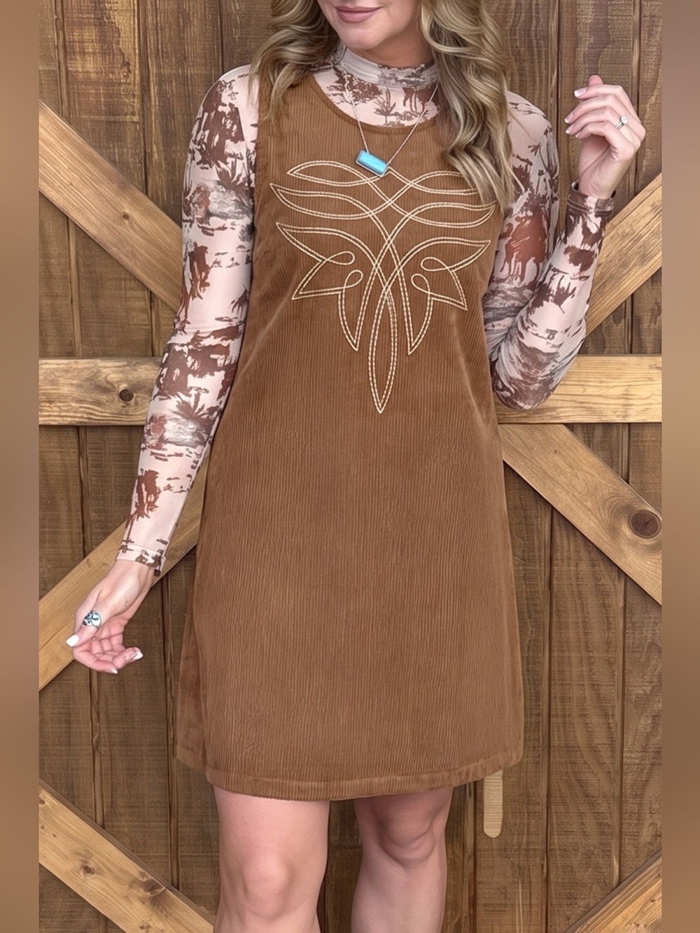 Geometric Embroidery Sleeveless Corduroy Shift Dress